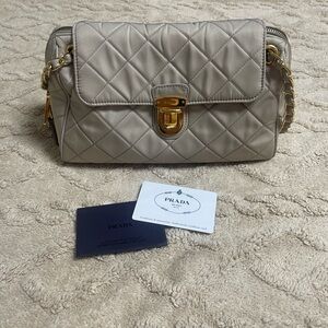Prada Vintage Beige Quilted Shoulder Bag with Gold Chain